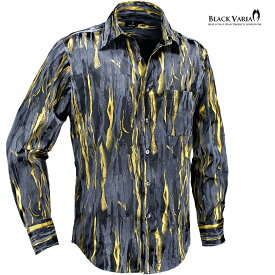 サテンシャツ フロッキープリント ラメプリント ドレスシャツ レギュラーカラー メンズ(ブラック黒ゴールド金) 231903