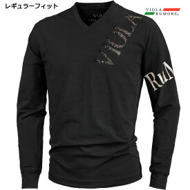 VIOLA rumore ヴィオラ ビオラ Tシャツ Vネック ラインストーン メンズ 長袖Tシャツ mens(ブラック黒×金ロゴ) 42201