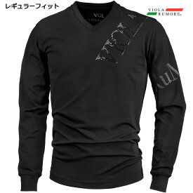 VIOLA rumore ヴィオラ ビオラ Tシャツ Vネック ラインストーン メンズ 長袖Tシャツ mens(ブラック黒×黒ロゴ) 42201