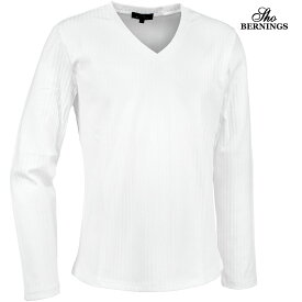 Tシャツ 長袖 Vネック テレコ ストライプ リブ メンズ シンプル ロンT mens(ホワイト白) 350743