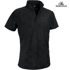 ポロシャツ イタリアンカラー パイルジャガード メンズ スキッパー 半袖 襟ワイヤー ストレッチ ポロ mens(ブラック黒) 328152