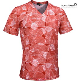 BLACK VARIA ブラックバリア blackvaria Tシャツ Vネック 花 リーフ ボタニカル アート メンズ スリム 細身 ストレッチ 半袖 mens(レッド赤) 252306
