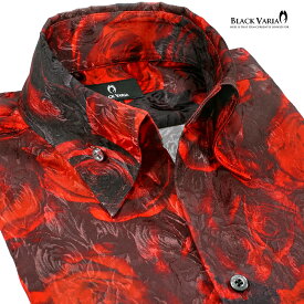 BLACK VARIA ブラックバリア blackvaria サテンシャツ ドレスシャツ スキッパー 薔薇柄 花 ジャガード ボタンダウン 日本製 メンズ mens ファッション おしゃれ 柄シャツ 派手(レッド赤) 251104