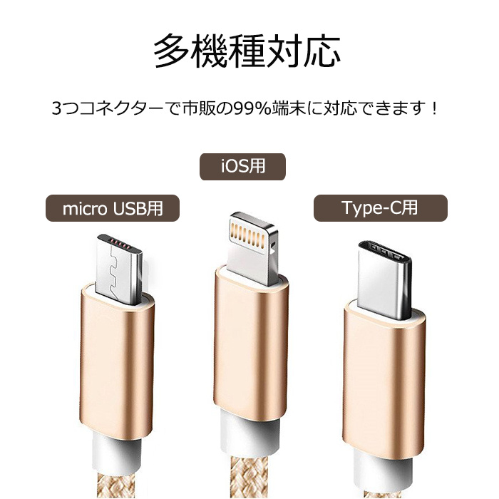 買物 急速充電 タイプC Android iPhone ケーブル 3in1 ゴールド