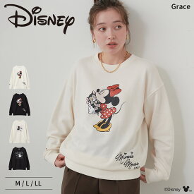 【期間限定！40％OFF！21日9:59迄】Disney ディズニー 裏毛 ドロップショルダー プリント スウェット プルオーバー ミッキーマウス ミニーマウス スウェットトレーナー トレーナー トップス レディース 長袖 袖 刺繍 リボン M L LL 大きいサイズ