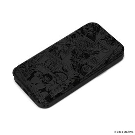 iPhone15Pro 手帳 ケース マーベル 背面 クリア 透明 ブラック キャラクター グッズ 耐衝撃 MIL規格 保護 スマホ カバー カード 収納 ポケット ストラップホール 付 マグネット アイフォン アイホン 2023 6.1inch 3眼 ガラス フリップ Disney PG-D23BGF20MVL