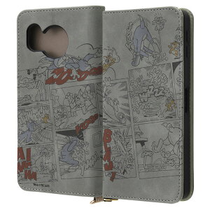 AQUOSsense8 手帳型 ケース トムとジェリー グレー コミック 漫画 デザイン キャラクター グッズ PU レザー 耐衝撃 カード 収納 ポケット ストラップホール 付 スタンド機能付き ムラ染め モノト