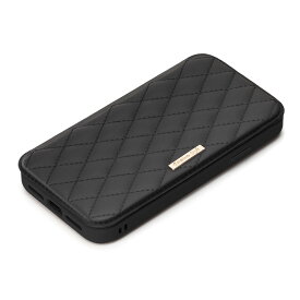 iPhone 13mini ケース キルティング調ブラック 手帳型 カバー MIL規格 マグネット 透明 クリア カードポケット かわいい 可愛い おしゃれ オシャレ シンプル PGA