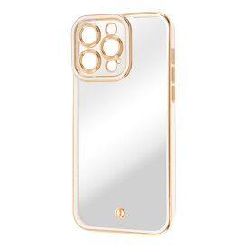 iPhone14ProMax ケース クリア x ホワイト x メタリック ゴールド TPU ソフト カメラ保護 カメラカバー エアクッション ストラップホール メタリックフレーム 高級感 精密設計 Cleour