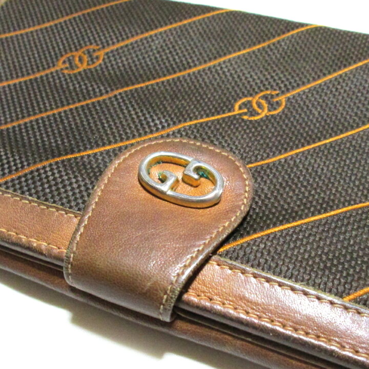 Vintage GUCCI ヴィンテージ オールド グッチ イタリア製 モノグラムストライプロングウォレット.長財布 (ブラウン 革) 134904 【中古】 CROWN STORE GUCCI ストライプ 長財布 グッチ ロングウォレット