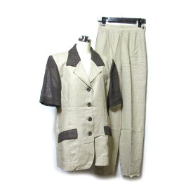 Vintage KNACK ヴィンテージ カナック リネン×カギ編みセットアップスーツ (バブル バブリー 2点セット 黄色 麻 パンツ ジャケット) 136434 【中古】