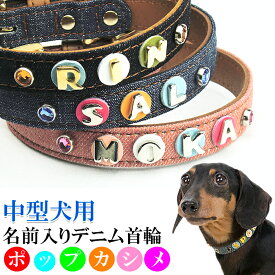 犬 首輪 名入れ 名前入り おしゃれ 革 かわいい 小型犬 中型犬 犬首輪 犬の首輪 いぬ くびわ イニシャル レザー 迷子札 メール便送料無料 ジーンズ デニムポップカシメ首輪【楽ギフ_包装】【楽ギフ_名入れ】