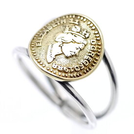 シルバー925 エリザベス2世 ゴールド コイン リング メンズ c6 フリーサイズ(金 指輪 旧通貨 古銭 イギリス ブラス 真鍮 アンティーク 顔 UK レディース)ect