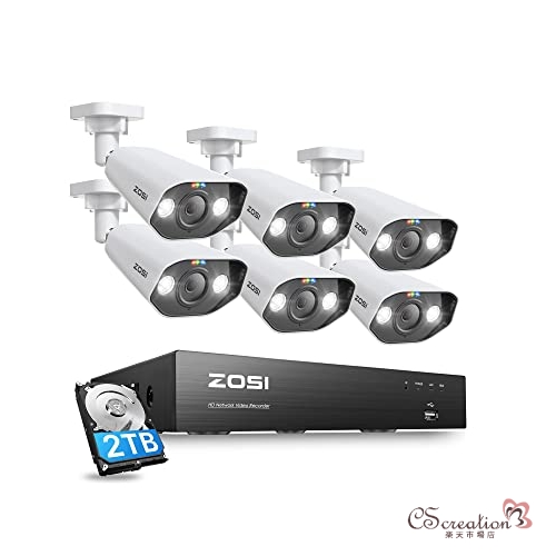 ZOSI 4K Ultra HD800万画素 防犯カメラ 屋外 poe給電カメラ6台 AI人検知 サイレン警報 録音 双方向音声 h.265  防犯レコーダー 8ch 2TB HDD内蔵 6台屋外poe給電カメラ