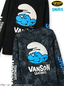 ◆スーパーSALE◆【 VANSON × SMURF 】“BIG FACE” 刺繍入り ロンT 〔別注〕 ｜ ロンティー 長T 長袖Tシャツ スマーフ キャラクター 映画 メンズ 秋 秋冬 冬 S M L LL XL 2L XXL 3L 人気 おすすめ バイカー ブランド