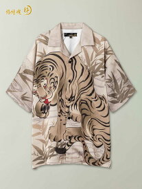 【絡繰魂・粋】“虎図-若冲-” 昇華転写 プリント BIG シルエット 半袖 シャツ ｜ 和柄 ボタンシャツ ハワイアンシャツ 通販 夏 夏服 メンズ ユニセックス 黒 ブラック ベージュ M L XL LL 2L XXL 3L 大きいサイズ おすすめ かっこいい