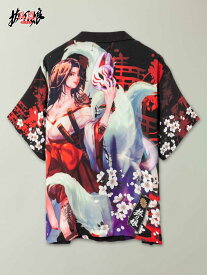 【抜刀娘 -美麗-】“妃那：九尾” 昇華転写 プリント アロハ シャツ ｜ 和柄 ボタンシャツ ハワイアンシャツ 半袖 通販 春 春服 夏 夏服 メンズ ユニセックス 黒 ブラック M L XL LL 2L XXL 3L 大きいサイズ 人気 おすすめ おしゃれ かっこいい 流儀圧搾