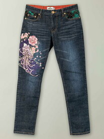 【絡繰魂】 百花刺繍 ストレッチ デニム パンツ 〔別注〕 ｜ 和柄 ジーンズ ジーパン ボトム ズボン 通販 レディース 女性 オールシーズン 紺 ネイビー S M L 大きいサイズ 大きめ 人気 おすすめ ブランド 流儀圧搾 METHOD