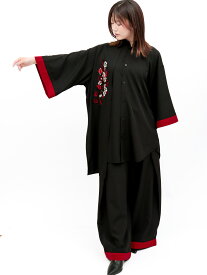 【雅結 -EN-】“狐面”総刺繍キモノスリーブ 5分袖 変形シャツ ｜ 和柄 5分袖シャツ シャツ ロング丈 通販 レディース 女性用 春 春服 夏 夏服 黒 ブラック グレー M L XL LL 2L 人気 オススメ おしゃれ かわいい 流儀圧搾