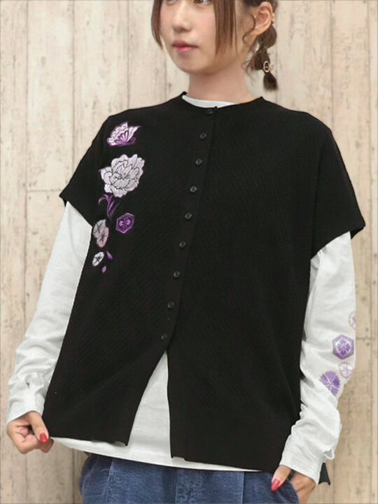 楽天市場】【雅結】 牡丹 と 蝶 刺繍 ニット ベスト カーディガン  