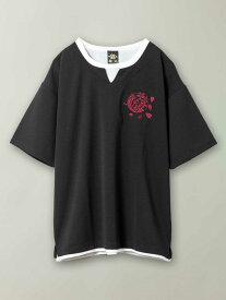 【雅結】 桜 家紋 刺繍 フェイクレイヤード 梨地 素材 キーネック Tシャツ ｜ 和柄 ティーシャツ 半袖 通販 メンズ レディース ユニセックス 夏 夏服 春 春服 白 ホワイト 黒 ブラック 紺 ネイビー M L XL LL 2L XXL 3L 大きいサイズ 人気 流儀圧搾