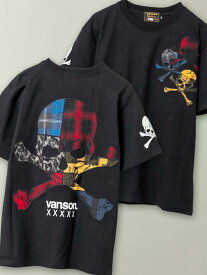 ＜送料無料＞【VANSON】“パッチワーク スカル ”刺繍入り Tシャツ 50周年記念モデル ｜ ティーシャツ 半袖 通販 春 春服 夏 夏服 メンズ レディース ユニセックス 黒 ブラック M L XL LL 2L XXL 3L 大きいサイズ 大きめ バンソン バイカー 50周年 記念 流儀圧搾