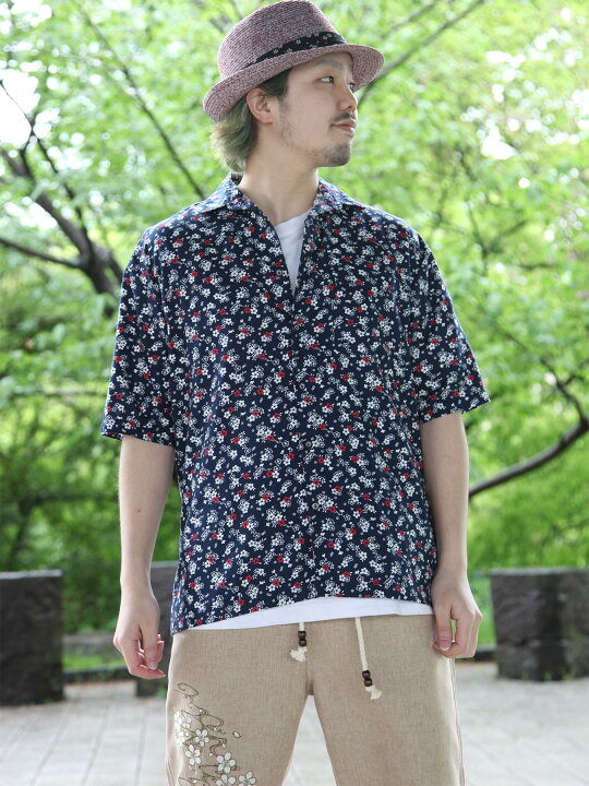 楽天市場】【浮雲】 桜 総柄 プリント 半袖 開襟 シャツ ｜ 和柄 