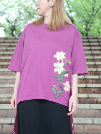 【雅結】 三日月 と 百合 刺繍 フレンチ Tシャツ ｜ 和柄 半袖 ドルマンT 通販 レディース 女性 春 春服 夏 夏服 白 ホワイト 黒 ブラック 紫 パープル M L 大きめ ゆったり おすすめ おしゃれ シンプル かわいい ブランド 流儀圧搾 METHOD