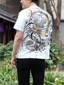 【絡繰魂・粋】“鎌鼬 夜遊び”刺繍入りTシャツ｜ ティーシャツ 半袖 通販 メンズ レディース ユニセックス 春 春服 夏 夏服 白 ホワイト 黒 ブラック 金 ゴールド M L XL LL XXL 3L 刺繍Tシャツ 人気 ミリタリー ブランド かまいたち 月 三日月