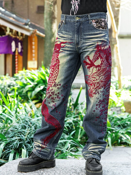 楽天市場】＜送料無料＞【絡繰魂・粋】“巻龍”総刺繍 金襴切替デニム 