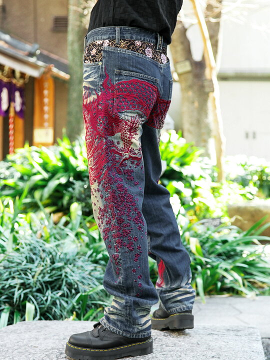 楽天市場】＜送料無料＞【絡繰魂・粋】“巻龍”総刺繍 金襴切替デニム