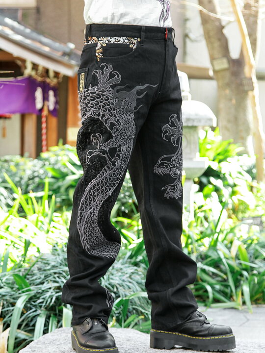 楽天市場】＜送料無料＞【絡繰魂・粋】“巻龍”総刺繍 金襴切替デニム 