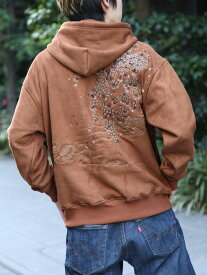 ＜送料無料＞【絡繰魂】桜流水 総刺繍 フェイク スウェード ZIP パーカー ｜ 和柄 パーカー 長袖 フーディー 通販 メンズ レディース ユニセックス 秋 秋服 冬 冬服 オールシーズン 黒 ブラック 茶 ブラウン M L XL LL 2L XXL 3L 大きいサイズ おすすめ 流儀圧搾
