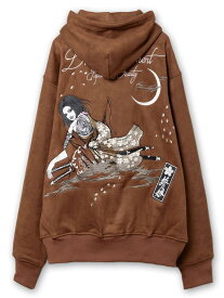 ＜送料無料＞【抜刀娘】闇の刺客：凛 総刺繍 フェイクスウェード ZIP パーカー ｜ 和柄 パーカー 長袖 フーディー 通販 メンズ レディース ユニセックス 秋 秋服 春 春服 オールシーズン 黒 ブラック 茶 ブラウン M L XL LL 2L XXL 3L 大きいサイズ おすすめ 流儀圧搾