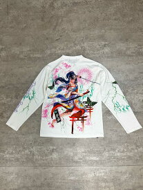 【抜刀娘】“妃那：妖炎”刺繍入りプリントロンT ｜ 和柄 ロンティー 長T 長袖 Tシャツ メンズ レディース ユニセックス 通販 春 春服 オールシーズン 白 ホワイト 黒 ブラック M L LL XL 2L XXL 3L ゆったり 大きめ 大きいサイズ 人気 ブランド 流儀圧搾