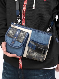 【雅結】桜 金襴切り替え 横型 シザーバッグ｜ 鞄 かばん 斜めがけ ショルダー ウエスト ポーチ 通販 メンズ レディース ユニセックス 紺 ネイビー 黒 ブラック 人気 おすすめ おしゃれ かっこいい かわいい 流儀圧搾 METHOD