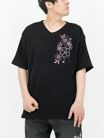【雅結】桜刺繍 楊柳生地VネックTシャツ｜ 和柄 ティーシャツ 半袖 通販 メンズ レディース ユニセックス 夏 夏服 春 春服 白 ホワイト グレー 黒 ブラック M L XL LL 2L XXL 3L 大きいサイズ 人気 ブランド 流儀圧搾 METHOD