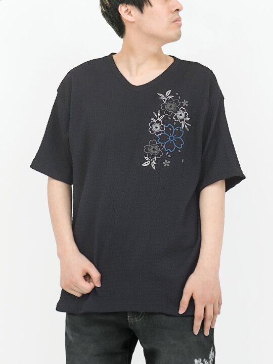 楽天市場】【雅結】桜刺繍 楊柳生地VネックTシャツ｜ 和柄 ティー 
