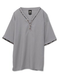 【雅結】和生地遣いY字ヘンリーネックTシャツ｜ 和柄 ティーシャツ 半袖 通販 メンズ レディース ユニセックス 夏 夏服 春 春服 グレー 黒 ブラック 緑 グリーン M L XL LL 2L XXL 3L 大きいサイズ 人気 ブランド 流儀圧搾 METHOD