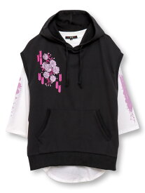 ≪期間限定：14%OFF≫【雅結】矢絣 と 桜 刺繍 フードベスト×7分袖Tシャツ アンサンブル ｜ 和柄 七分袖 2点セット レイヤード 重ね着 通販 レディース 女性 春 夏 春服 黒 ブラック 緑 グリーン M L 大きめ ゆったり おすすめ おしゃれ かわいい 和柄女子 ブランド