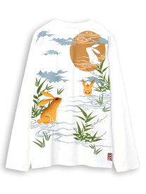 【絡繰魂】月見 兎 刺繍入り ロンT ｜ 和柄 長T Tシャツ ロンティ 通販 メンズ レディース ユニセックス 春 春服 オールシーズン 黒 ブラック 白 ホワイト M L XL LL 2L XXL 3L 人気 ブランド 流儀圧搾 METHOD