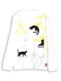 【絡繰魂】猫 集会 刺繍入り ロンT ｜ 和柄 長T ロンティ Tシャツ 通販 メンズ レディース ユニセックス 春 春服 オールシーズン 黒 ブラック 白 ホワイト M L XL LL 2L XXL 3L 人気 ブランド 流儀圧搾 METHOD