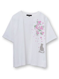 ≪期間限定：30%OFF≫【雅結】桜と猫プリント ドルマンプルオーバー ｜ 和柄 半袖 重ね着 通販 レディース 女性 春 夏 春服 白 ホワイト 黒 ブラック 赤 えんじ ワイン M L 大きめ ゆったり ドルマンスリーブ おすすめ おしゃれ かわいい 和柄女子 ブランド 流儀圧搾 METHOD