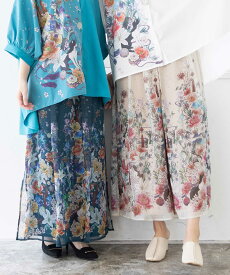 ≪期間限定：10%OFF≫【雅結×iS ScoLar】コラボ 和風花柄 シフォン重ね パンツ ｜ 和柄 ワイドパンツ バギー 通販 レディース 女性 春 春服 オールシーズン M L 黒 ブラック ベージュ 緑 グリーン 大きいサイズ 大きめ 人気 おすすめ みやびむすび スカラー ブランド