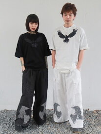 【DAKU】カラス刺繍 ダメージ加工Tシャツ ｜ 半袖 刺繍Tシャツ 通販 メンズ レディース ユニセックス ロック　ビッグシルエット オーバーサイズ 春 春服 夏 夏服 白 ホワイト グレー 黒 ブラック L XL LL 2L 人気 ストリート ブランド 流儀圧搾 METHOD