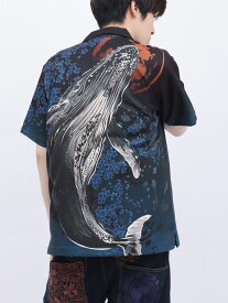 ＜送料無料＞【絡繰魂・粋】“雲龍／座頭鯨”極彩 アロハシャツ ｜ 和柄 ボタンシャツ ハワイアンシャツ　半袖シャツ　通販 夏 夏服 メンズ ユニセックス 黒 ブラック M L XL LL 2L XXL 3L 大きいサイズ おすすめ かっこいい 流儀圧搾