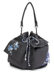 【雅結】桜刺繍 和生地遣い2WAY巾着ショルダーバッグ ｜ 和柄 バッグ BAG きんちゃく ショルダー レディース 女性 チャコールグレー 黒 ブラック 桜 刺繍 人気 おすすめ おしゃれ かっこいい かわいい 流儀圧搾 METHOD