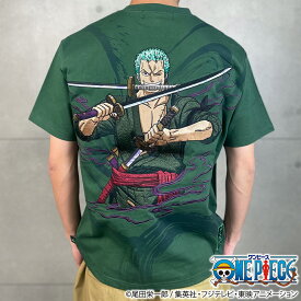 【絡繰魂・粋×ONE PIECE】“ゾロ”海賊狩り Tee｜ 和柄 ワンピース スーベニア Tシャツ ティシャツ 刺繍T メンズ ユニセックス 半袖 通販 夏 夏服 白 ホワイト 黒 ブラック 緑 グリーン M L XL LL 2L XXL 3L 大きいサイズ ブランド 流儀圧搾