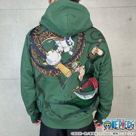 【絡繰魂・粋×ONE PIECE】ゾロvsカク 決戦ZIP UPパーカー｜ 和柄 ワンピース ジップパーカー スウェット 長袖 メンズ ユニセックス 長袖 通販 秋 秋服 冬 冬服 黒 ブラック 緑 グリーン M L XL LL 2L XXL 3L 大きいサイズ ブランド 流儀圧搾