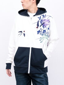 【雅結×錦】“ツバメと秋の草花”刺繍入りZIPパーカー〔別注〕 ｜ 羽織 長袖パーカー フルジップパーカー スウェット 和柄 和 日本 通販 メンズ レディース 大きいサイズ ゆったり カジュアル M L XL LL 2L XXL 3L 春 秋 冬 黒 ブラック 白 ホワイト 燕 つばめ ツバメ